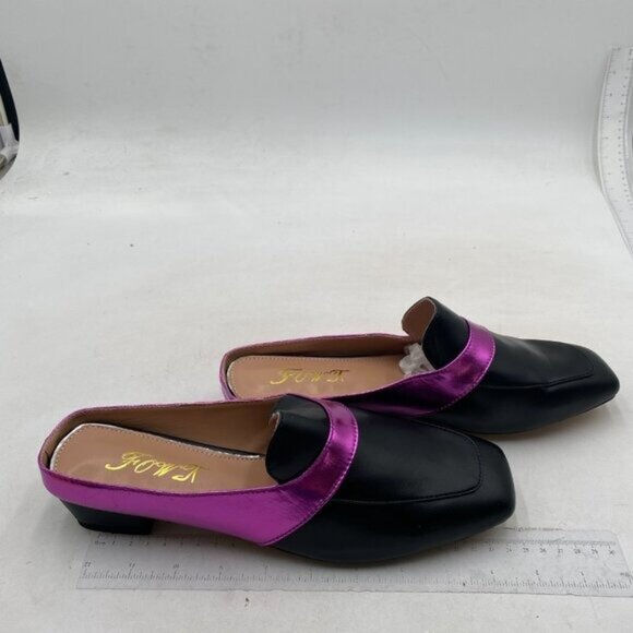 Women Luxury Leather Mules, Closed Square Toe Loafer,Med Chunky Heel Black Shoes - Picture 4 of 8